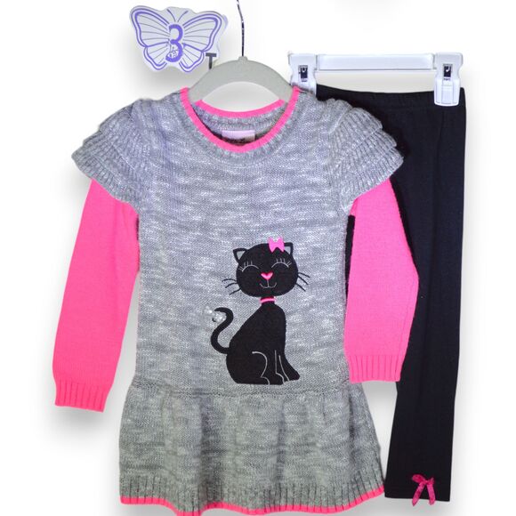 3T Little Lass Sparkly Cat Soft Sweater and Sparkly Black Leggings Outfit Set - Picture 9 of 9
